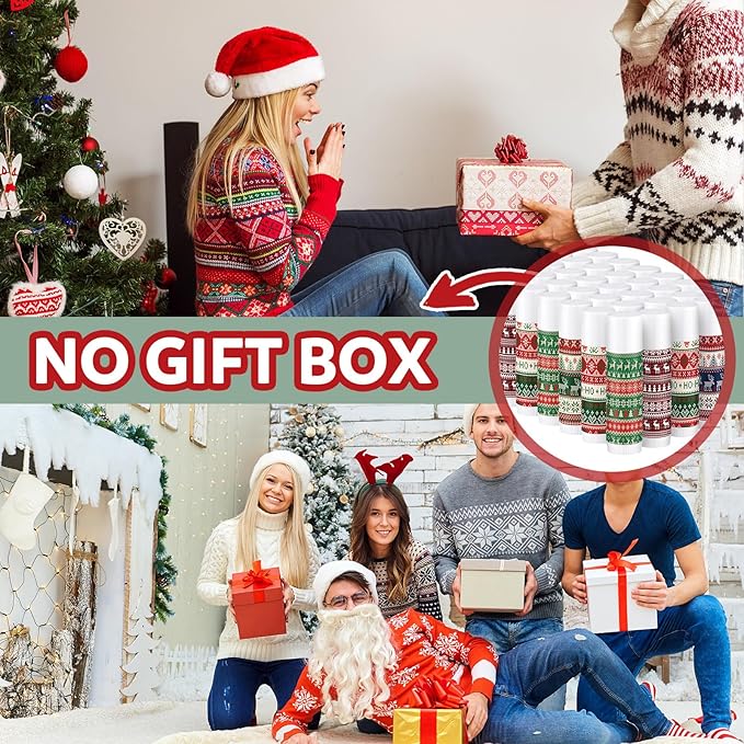 Dunzy 50 Pcs Lip Balm in Bulk Christmas Gift Set Moisturizing Lip Ugly Sweater Baby Shower Party Favor Supplies with Assorted Fruit Flavors for Women Men Dry Chapped Lips Holiday Gift Prize