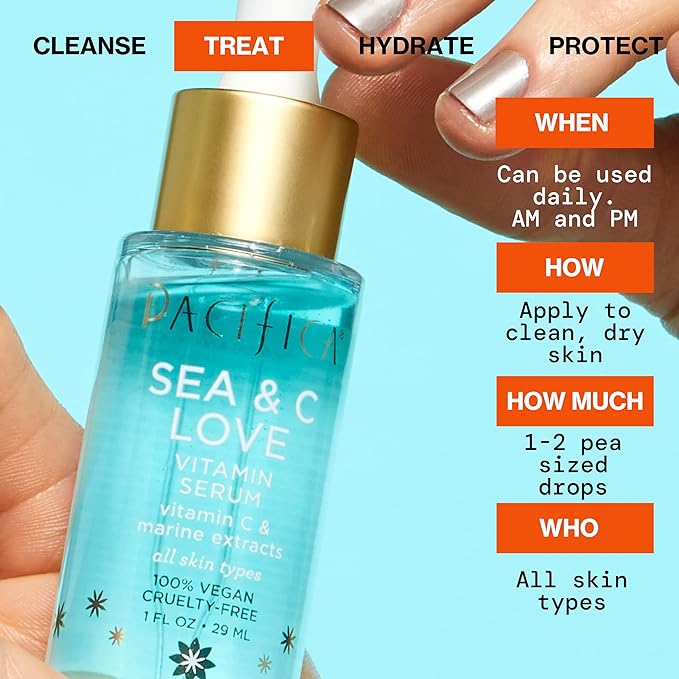 Pacifica Beauty Sea and C Love Vitamin C Serum, Skincare, Hyaluronic Acid, Green Tea, Marine Extracts, Blue Light Protection, Brightening, Lightweight, Face Care, Skin Care Serum, 1 fl oz (1 Count)