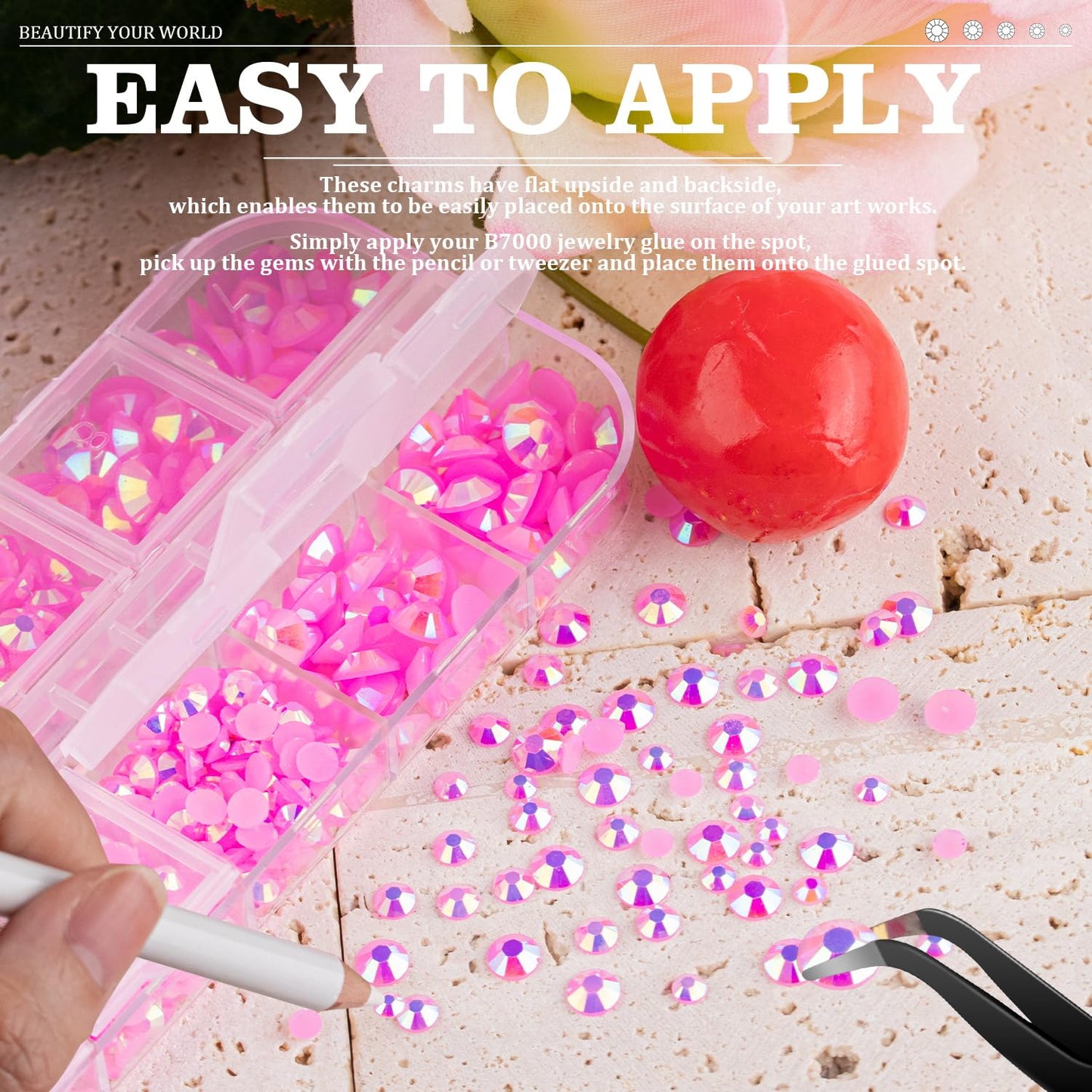 7000PCS Resin Rhinestones with Tweezers for Crafting, 2/3/4/5/6mm Flatback Jelly Rhinestones, 4 Box Pink AB Non Hotfix Crystal Gems for DIY Crafts Mugs Tumblers Clothes Makeup Nail
