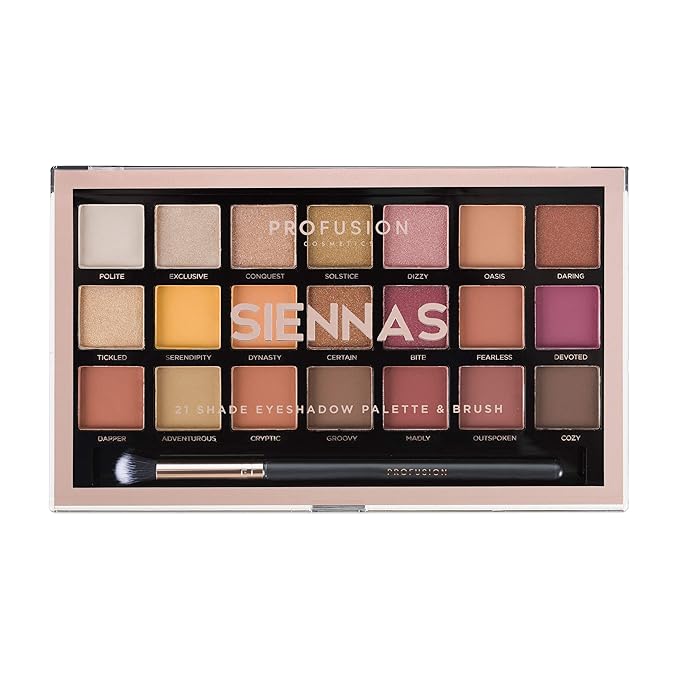 Profusion Cosmetics 21 Shade Eyeshadow Palette for Eyecatching Look, Long lasting and Cruelty Free Bright Pigmented Shades Collection and Brush, Siennas