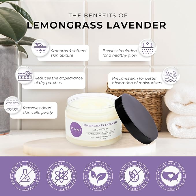 Naturals Sugar Scrub - Exfoliating Lemongrass Lavender with organic cane sugar and shea butter gently exfoliates and hydrates, leaving skin smooth and refreshed. 14 oz
