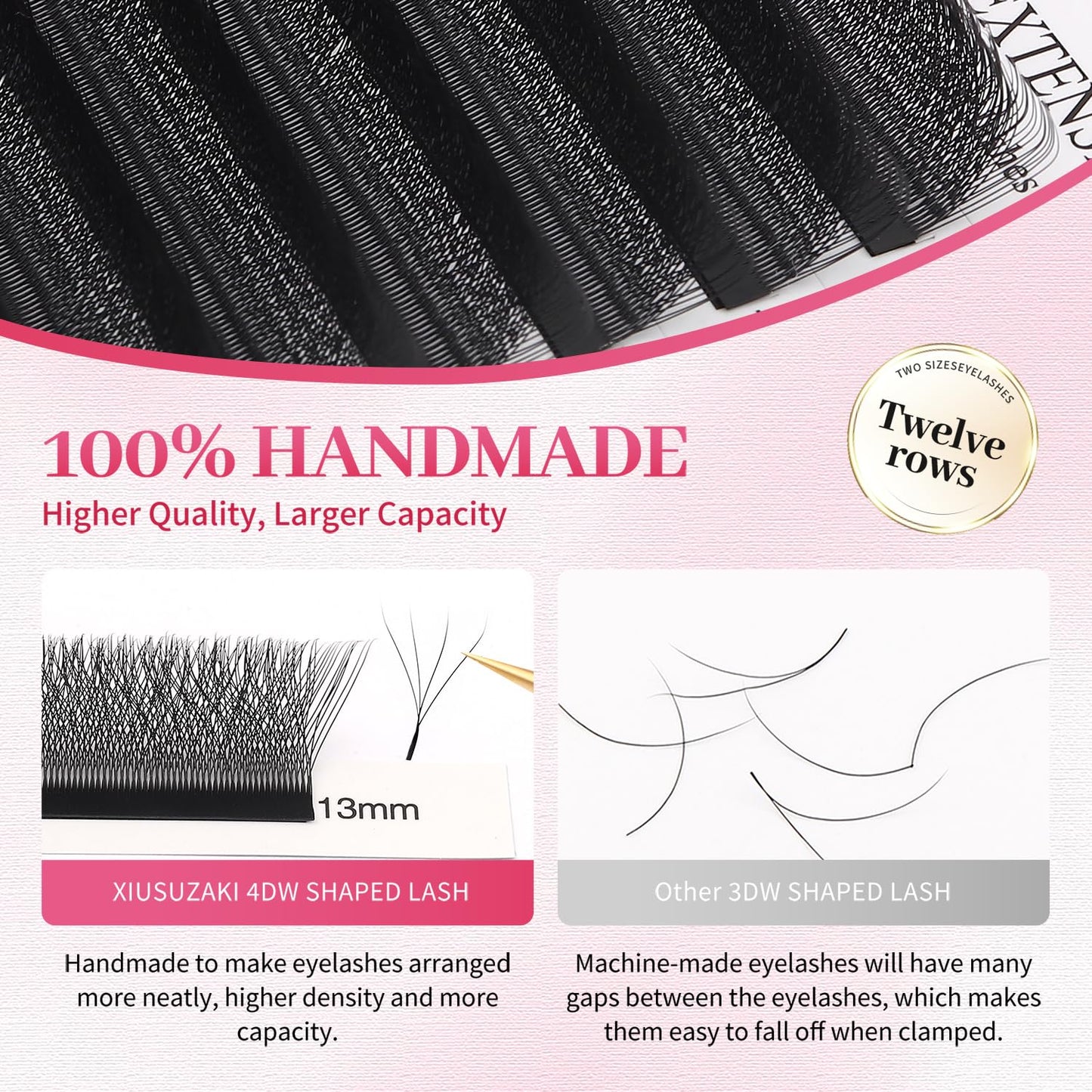 W Lash Extensions Supplies 4D Eyelash Extensions W Shape 0.07mm Thickness D Curl 11mm Premade Fans Easy Fan Lashes Volume Matte Black 12 Rows Crisscross Eye Lashes(W-4D-0.07-D,11mm)