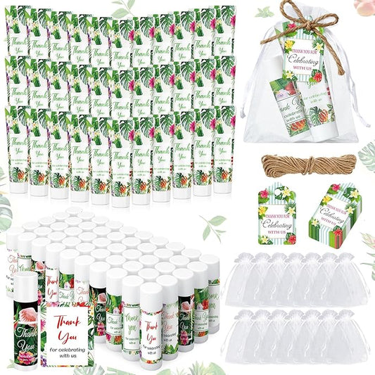200 Pcs Baby Shower Wedding Party Favors Gift Set, 50 Pcs Baby Shower Hand Cream and 50 Lip Balm for Wedding Bridesmaid Guests Gift Supplies with 50 Organza Bag 50 Thank You Tag(Tropical)