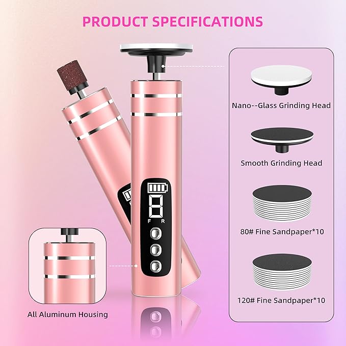 2 in 1 Electric Foot Callus Remover,9 Adjustable Speeds Rechargeable Electric Dead Skin Sander Pedicure Tools with Sandpaper Disk and Nail Drill Bits,Grinding Heads for Women&Men