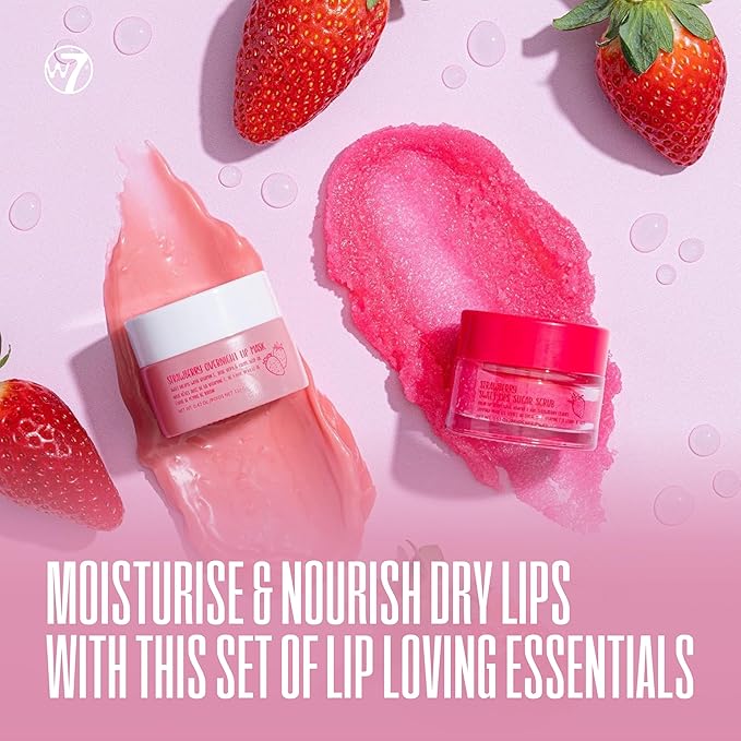W7 Sweet Dreams Lip Scrub & Overnight Lip Mask Duo - 2Pcs Set - Strawberry Flavour - Exfoliate, Condition, Soothe & Hydrate
