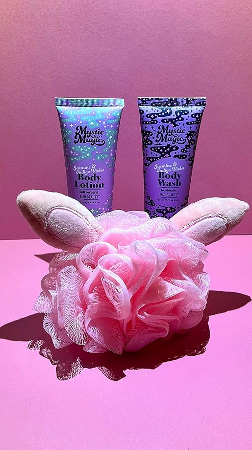 MAD BEAUTY Mystic Magic Rabbit in the Hat Body Trio, 3-in-1 Bath Kit: Exfoliating Loofah, Body Lotion, & Body Wash, Gorgeous Jasmine & Indigo Violet, Relax & Unwind, Great Self-Care Gift Set