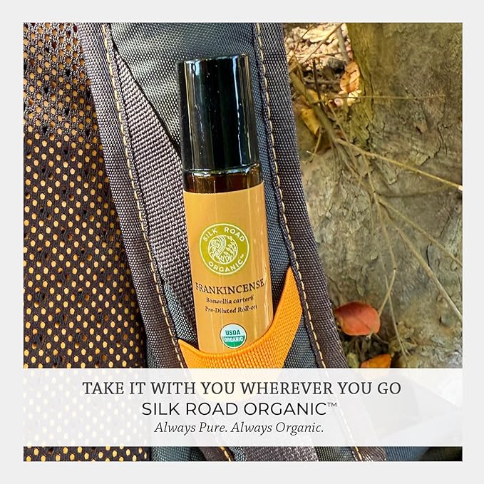 Silk Road Organic Frankincense Carterii Essential Oil Roll On, 100% Pure USDA Certified Aromatherapy for Radiant Skin, Body Aches, Stress Relief, & Calm - 10 ml Roller