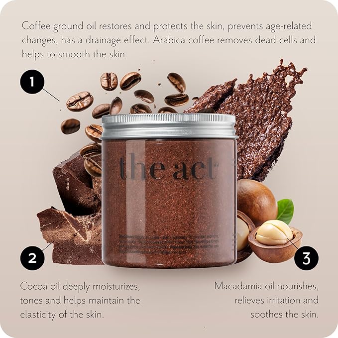 THE ACT Coffee Body Scrub with Salt & Cocoa – Exfoliating Scrub for Cellulite, Stretch Marks, Ingrown Hair – Organic Moisturizing Body Scrub with Vitamin E & Menthol – Gift for Women & Men, 10.58 Oz