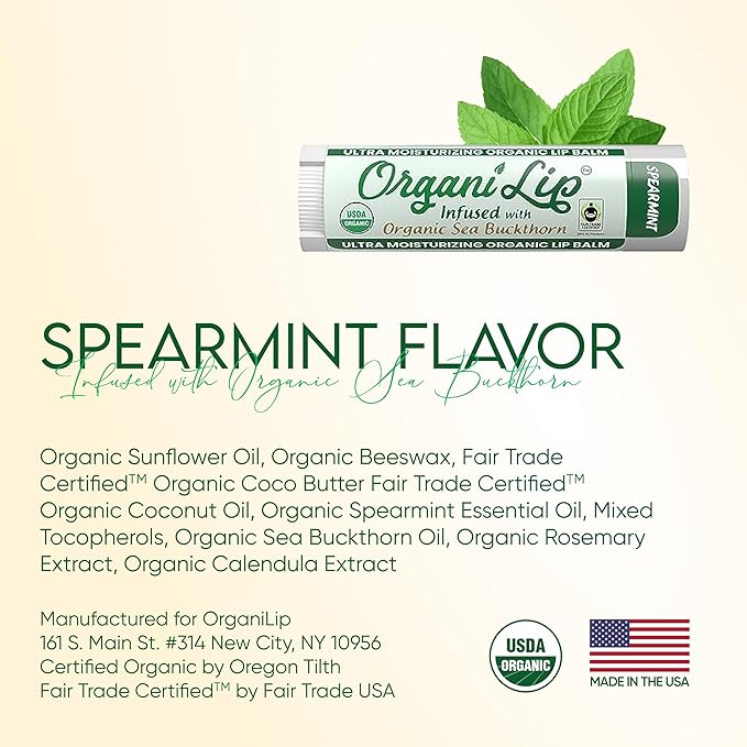 Organic Lip Balm, Spearmint Flavor, Ultra Hydrating Lip Moisturizer for Dry Lips, Oval Shaped Tube, USDA Certified Organic, 3 Pack - OrganiLip