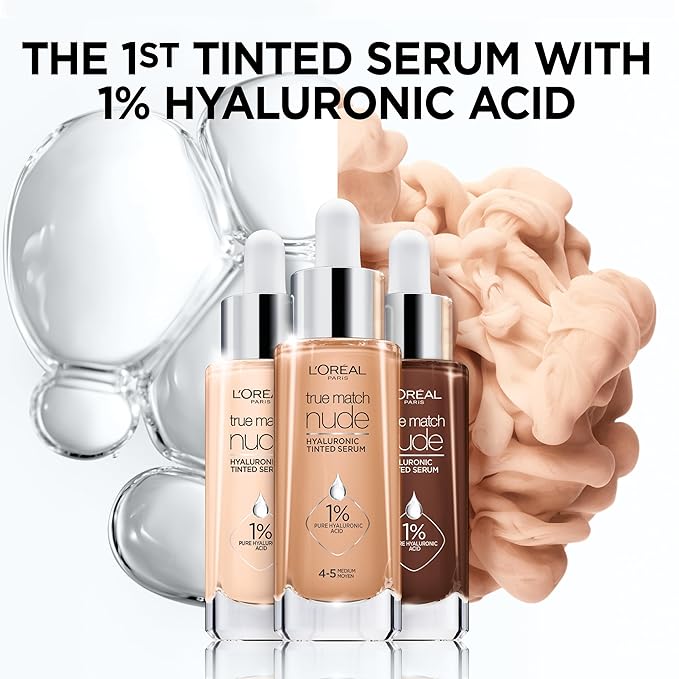 L'Oreal Paris True Match Nude Hyaluronic Tinted Serum Foundation with 1% Hyaluronic acid, Medium Deep 8.5-9.5, 1 fl. oz.