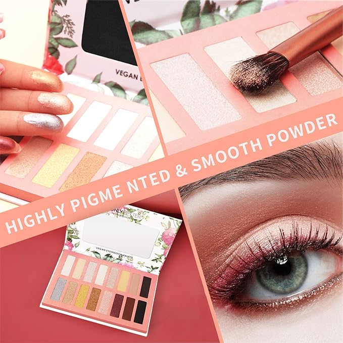 Vegan Eyeshadow Palette High Pigmented Brown Eyeshadow Palette Easy to Blend Color Fusion 16 Shades Metallic and Shimmer Nude Eyeshadow Palette Long Lasting Sweatproof and Waterproof