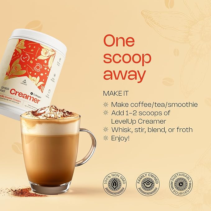 LevelUp Creamer, with Energizing MCT Oil and Collagen Peptides, Keto Coffee Creamer, Supports Natural Energy & Ketone Production - Vanilla Sweet Cream, 11 oz