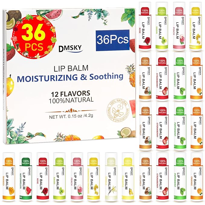 DMSKY 36 Pack Lip Balm, Natural Lip Balm Bulk with Vitamin E and Coconut Oil, Moisturizing Soothing Chapped Lips, Gifts for Women Stocking Stuffers Party Favors