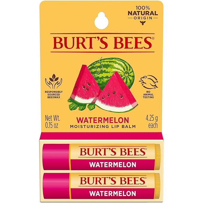 Burt's Bees Lip Balm - Watermelon, Lip Moisturizer With Responsibly Sourced Beeswax, Tint-Free, Natural Origin Conditioning Lip Treatment, 2 Tubes, 0.15 oz.