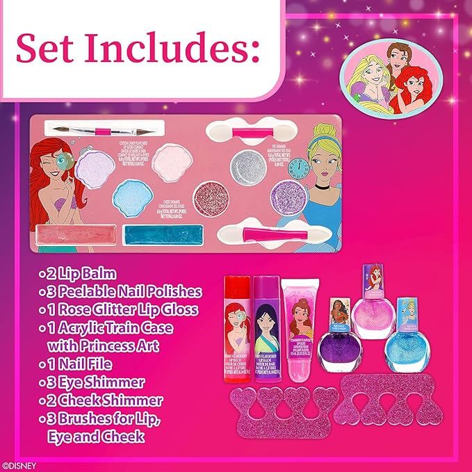 Disney Princess Train Case Girls Beauty Set, Kids Makeup Kit for Girls, Real Washable Toy Makeup Set, Play Makeup, Pretend Play, Party Favor, Birthday, Toys Ages 3 4 5 6 7 8 9 10 11 12