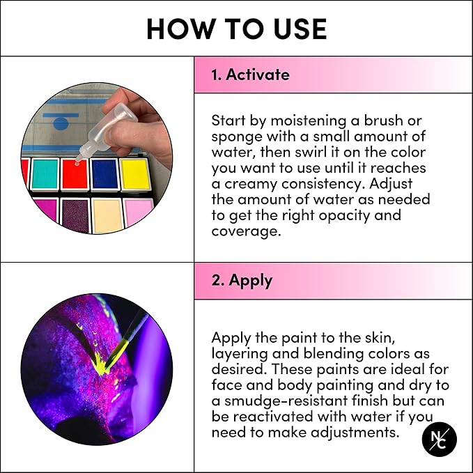 UV 12-Color Palette - Water-Activated Neon Glow Makeup for Face & Body - Fluorescent Shades for SFX, Party Makeup, Cosplay & Theatrical Performances