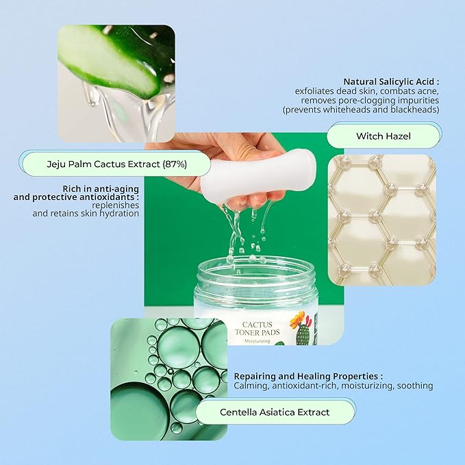 YADAH Cactus Toner Pads 5.07 Fluid Ounce 60 Count, Cruelty Free Facial Cleansing Exfoliator Toning Hydrating Treatment Wipes for Clear Pores Acne Prone Oily Dry Sensitive Skin