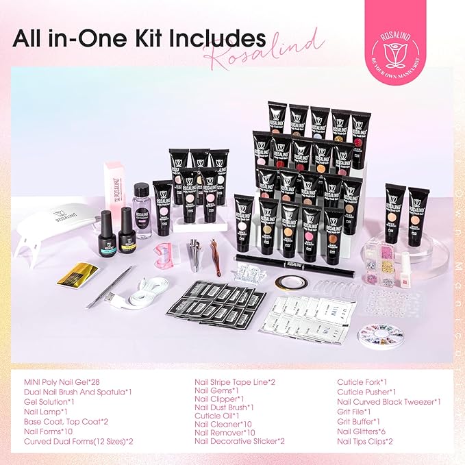 ROSALIND Poly Nail Gel Kit for Beginners - 28 Colors Extension Gel Set with UV/LED Nail Lamp, 72 Accessories (Base/Top Coat, Nail Forms, Tools), Long Lasting Salon Kit for DIY Manicure