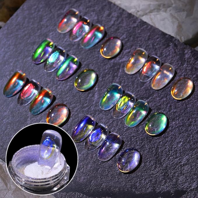 3 Boxes Ice Transparent Aurora Nail Powder Neon Rainbow Holographic Chameleon Powder Multi Chrome Iridescent Pigment Pearlescent Nail Art Glitters (Transparent #1#2#3)