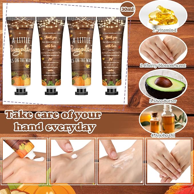 50 Sets 200 Pcs Baby Shower Hand Lotion and Lip Balm Gift Theme Baby Shower Party Favors Travel Size Hand Lotion and Lip Balm Bulk with Organza Bags Tags(Rustic Pumpkin)