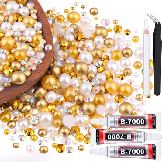 80g Flatback Pearls and Rhinestones for Crafting, White Brown 3-10mm Resin Rhinestones and Half Pearls for Bedazzling, Nail Art and Dec with 3pcs 10ml B7000 Jewelry Glue, Tweezer and Pickup Pencil
