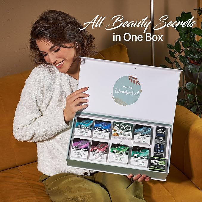 Skincare Gift Set, 10 Anti-Aging Beauty Products for Women & Men, Facial Creams & Moisturizers, Hair Growth Serum, & Hemp Cream, for Hair, Neck, Dark Spots, Scars, Dark Circles, & Dry Skin