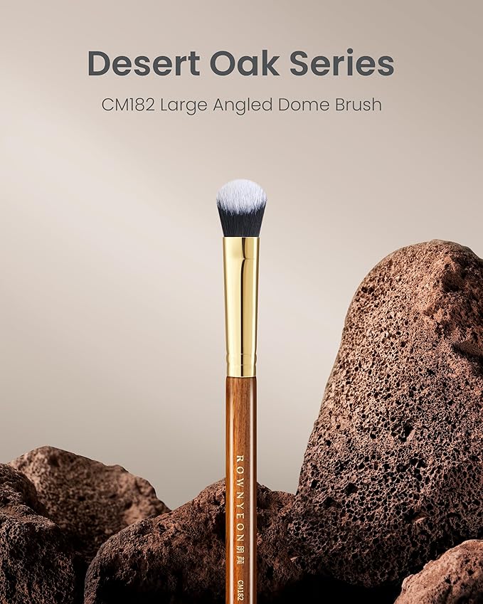 Desert Oak Series Precision Angled Dome Highlight Brush - Small Nylon Bristles for Targeted Cream/Liquid Highlighter, Under-Eye, Nose Bridge & Detail Work, Bubinga Handle & Brass Ferrule (CM 182)