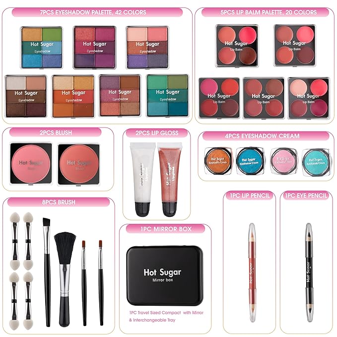 Hot Sugar Makeup Kit for Teenager Girls - Full Starter Cosmetics Set with Eye Shadow Lip Balm Blush Lip Gloss Brush Lip Pencil Eye Pencil and Mirror (Pink Love)