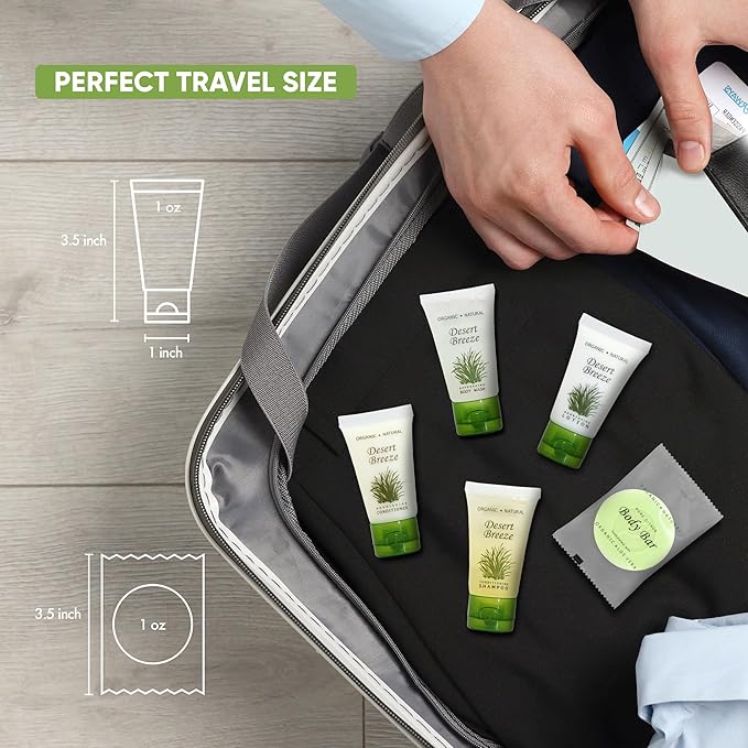 Desert Breeze Hotel Soaps and Toiletries Bulk Set | 1oz Hotel Shampoo & Conditioner, Body Wash, Body Lotion & Bar Soap | Full Pallet 49 cases with 300 units each - 14,700 pieces