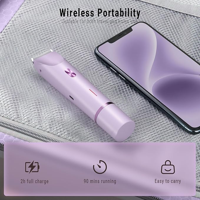 2-in-1 Bikini Trimmer and Shaver Kit for Women, Electric Body Hair Trimmer Facial Hair Removal Cordless Bikini Shaver Razor for Face Lip Chin Pubic Underarm Legs, Purple