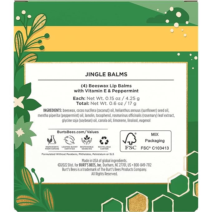Burt's Bees Christmas Gifts, 4 Lip Balm Stocking Stuffers Products, Jingle Balms Set - Classic Beeswax Moisturizing Lip Balm