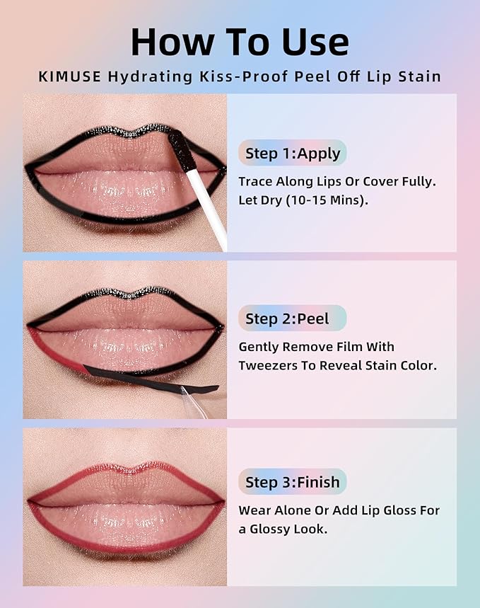 KIMUSE Lip Stain Peel Off, Peel Off Lip Liner Stain with Tweezer, Long Lasting, Waterproof, Transfer Proof Lipstains Color, Smudge-Free, Easy Removal, Matte Finish