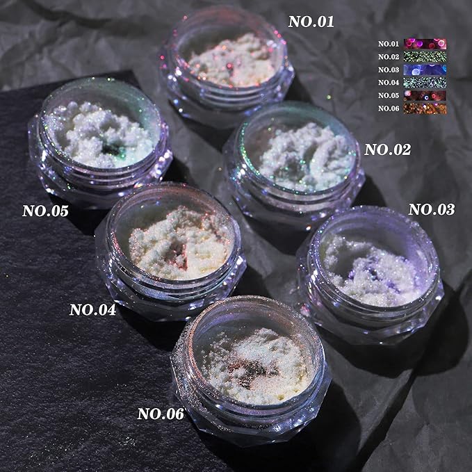 Ice Transparent Aurora Nail Powder Neon Rainbow Holographic Chameleon Powder Multi Chrome Iridescent Pigment Pearlescent Nail Art Glitters (6 Boxes Transparent)