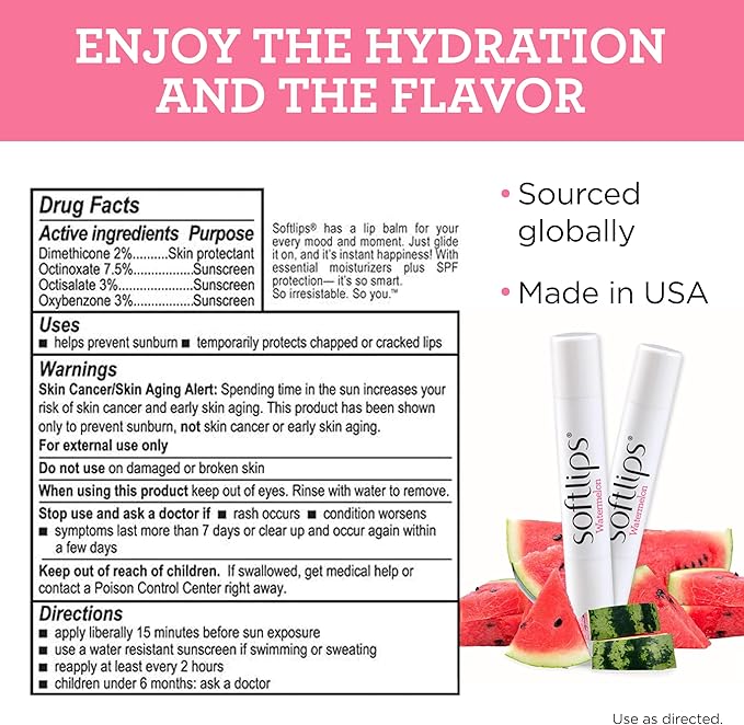 Softlips Watermelon Lip Balm 2-Pack with SPF 20 - Juicy Hydration for Smooth, Protected Lips