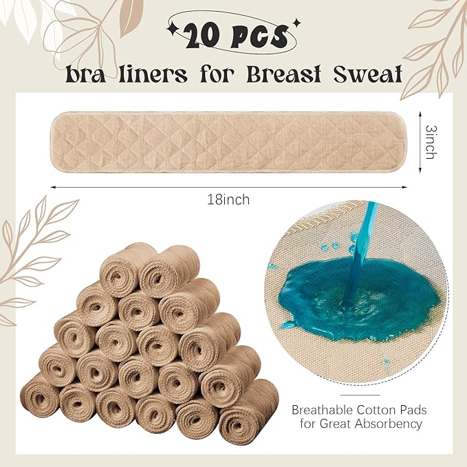 Toulite 20 Pcs Bra Liners for Sweat 18x3 Inch 3 Layer Washable Rectangle Cotton Under Breasts Pads for Women Absorb Sweating