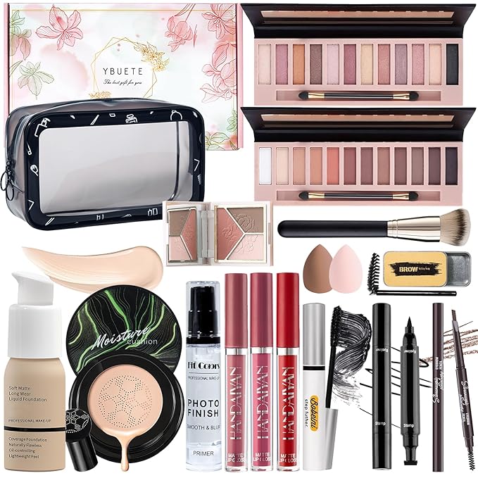 Makeup Set Kit for Women Full Kit, Makeup Present for Women Teen Girl, Eyeshadow Foundation CC Cream Face Primer Brush 3 in 1 Palette Lip Gloss, Eyebrow Soap Mascara Eyeliner Makeup bag