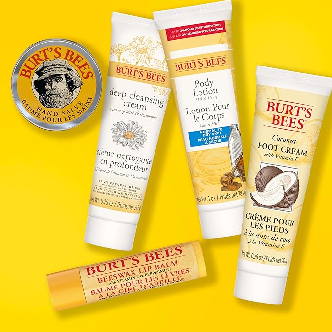 Burt's Bees Back to School Gifts Ideas, 5 Body Care College Dorm Products, Everyday Essentials Set - Original Beeswax Lip Balm, Deep Cleansing Cream, Hand Salve, Body Lotion & Foot Cream, Travel Size
