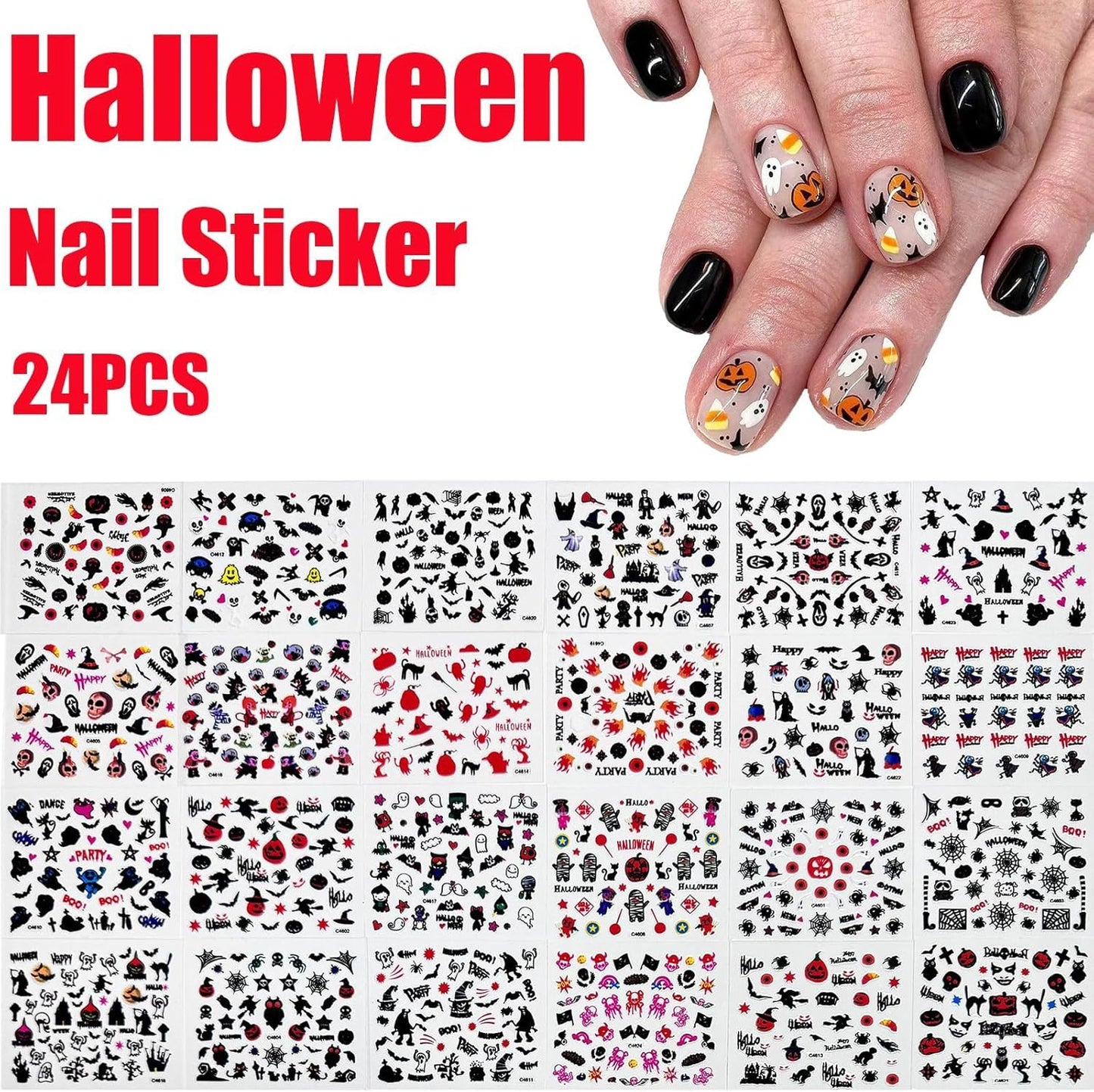 30 Sheets Halloween Nail Stickers Pumpkin Ghost Face Nail Charms Decals 3D Self Adhesive Spider Web Cat Bat Manicure Art Sticker for Acrylic Nails DIY Decorations