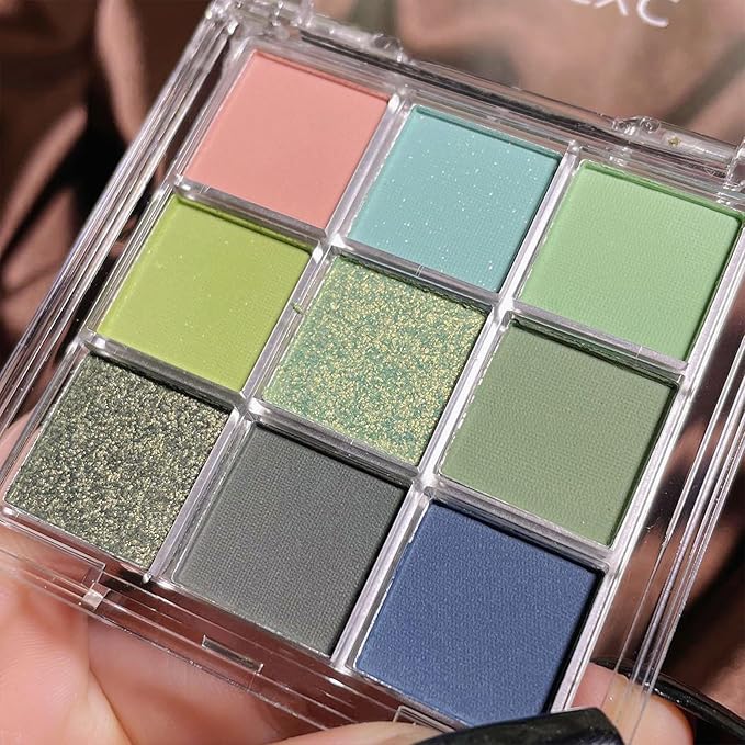 Erinde 9 Colors Eyeshadow Palette, Matte Shimmer Glitter Eye Shadow Palette Makeup, Highly Pigmented Long Lasting Waterproof, Natural Neutral Nude Eyeshadow Make Up Pallet, Blue Green