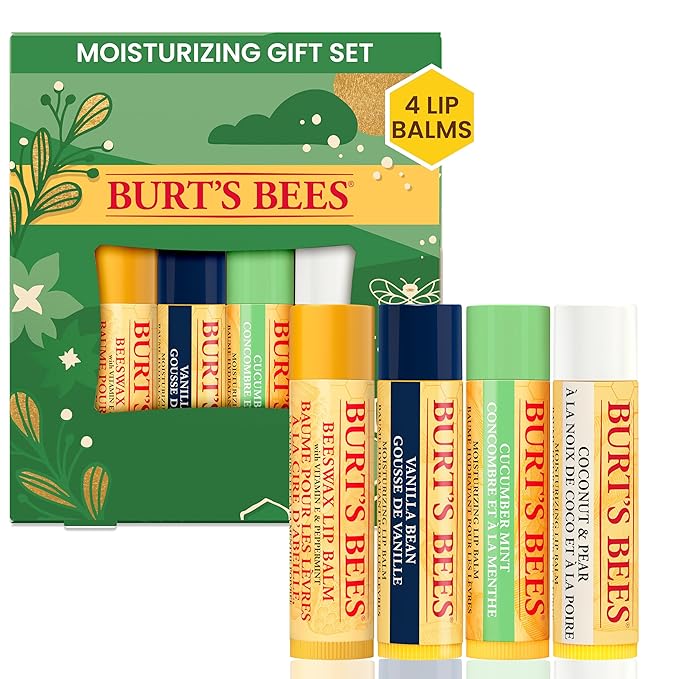 Burt's Bees Holiday Gift, 4 Lip Balms Stocking Stuffer, Assorted Mix Set, Classic Beeswax, Vanilla, Cucumber Mint & Coconut And Pear