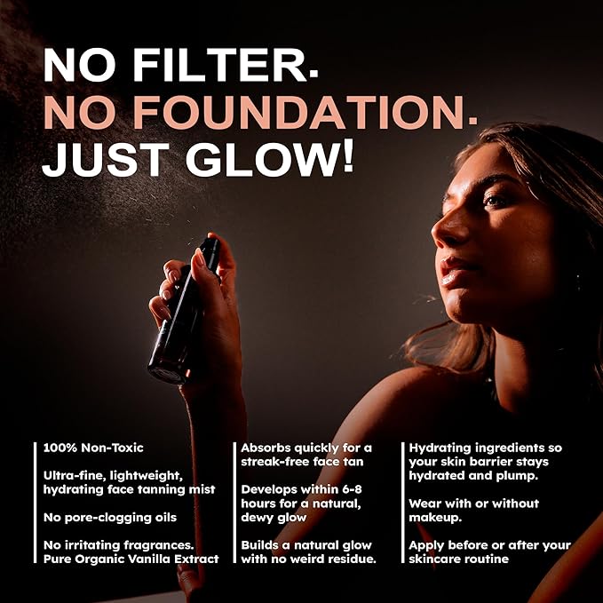 Face Tanning Mist, Organic Ingredients, Sunless Self Tanner, Bronzing, Hydrating, Steak-Free, Long Lasting Glow