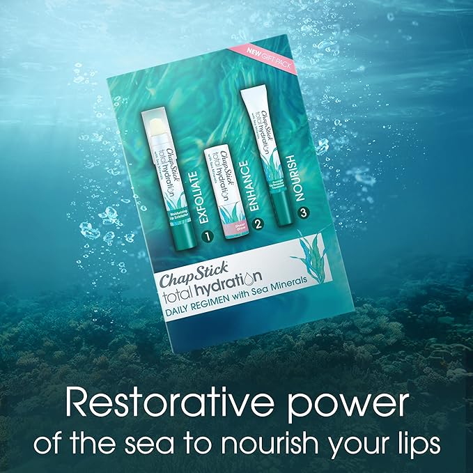 ChapStick Total Hydration Sea Minerals Gift Pack with Moisturizing Lip Exfoliator, Overnight Lip Moisturizer and Tinted Lip Balm - Pack of 3
