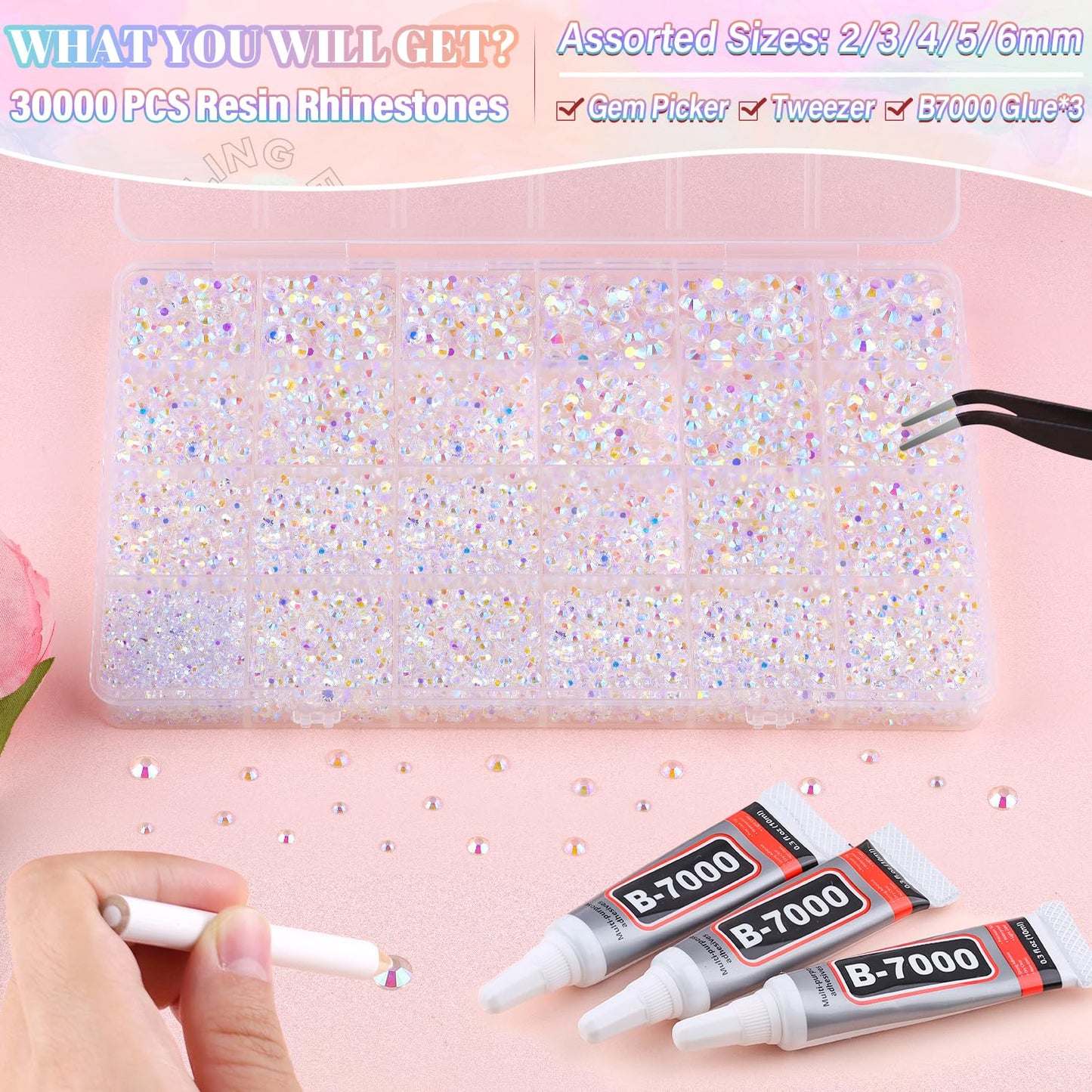 30000Pcs Resin Transparent AB Rhinestones for Bedazzling Crafting with b7000 Jewelry Glue, Bulk Flatback Gems Bedazzler Kit for Crafts Clothes Shoes Fabric Nail Diamond Art, Assorted Size 2/3/4/5/6mm