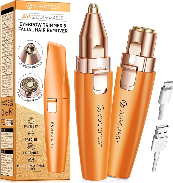 Eyebrow Facial Trimmer: 2 in1 Rechargeable Facial Hair Removal and Eyebrow Shaver - Face Lips Body Painless Facial Razor with Built-in LED Light (Orange)