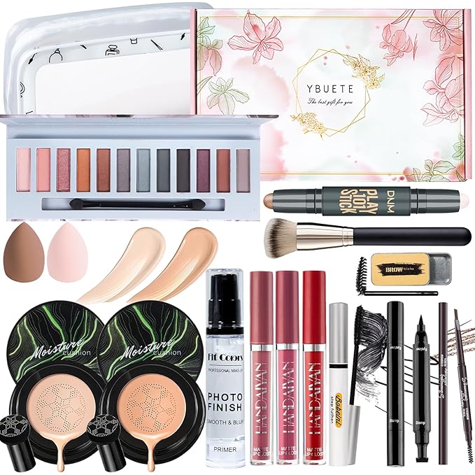Makeup Kit Set for Women, Makeup Present for Women Teen Girl, Eyeshadow CC Cream Foundation Face Primer, Makeup Brush Sponge, Lipstick, Eyebrow Soap Pencil Mascara Eyeliner Cosmetic bag