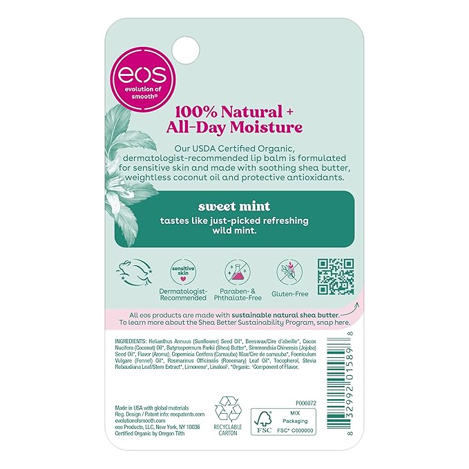 eos 100% Natural & Organic Lip Balm- Sweet Mint, Dermatologist Recommended, All-Day Moisture Lip Care, Made for Sensitive Skin, 0.14 oz