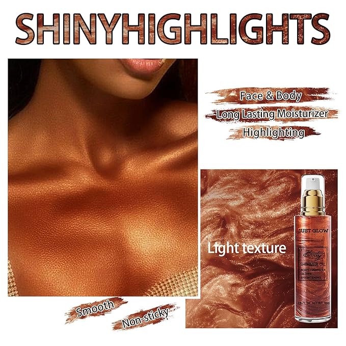 Shimmer Body Oil, Face and Body Liquid Luminizer Waterproof Moisturizing, Light Shimmer Glow Illuminator, Smooth Body Highlighter Makeup Liquid Body Shimmer (3# Bronze Gold)