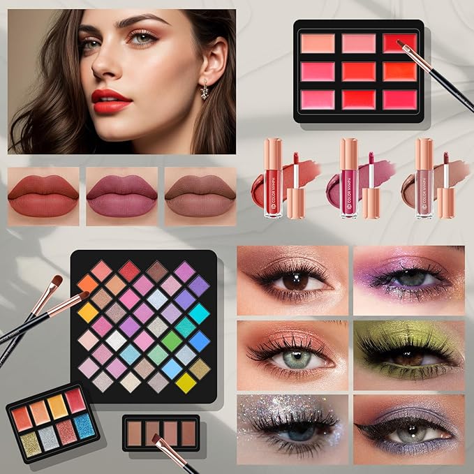 Makeup Kit for Women,All in One Makeup Gift Set for Girls in Cosmetic Train Case (White) With Mirror,Full Cosmetic Kit Includes Eyeshadow Palette,Lipgloss,Blushes,Pencil,Brush Applicators