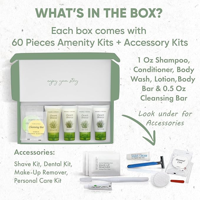 Desert Breeze Amenity & Accessory Kit | 1 oz Travel Size Shampoo, Conditioner, Lotion, Body Wash, Body Bar, Cleansing Bar, Shave & Dental Sets, Make-Up Remover Wipes, & Vanity Kit | 60 sets per case