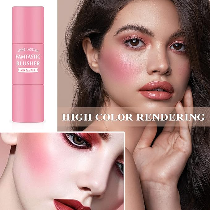 Cream Blush Stick with Brush,Waterproof Multi Cream Makeup Stick,Lightweight,Long-lasting,2 in 1 Multi Blush for Cheeks & Lip Tint & Eyeshadow Makeup(#01 Milk Tea Pink)